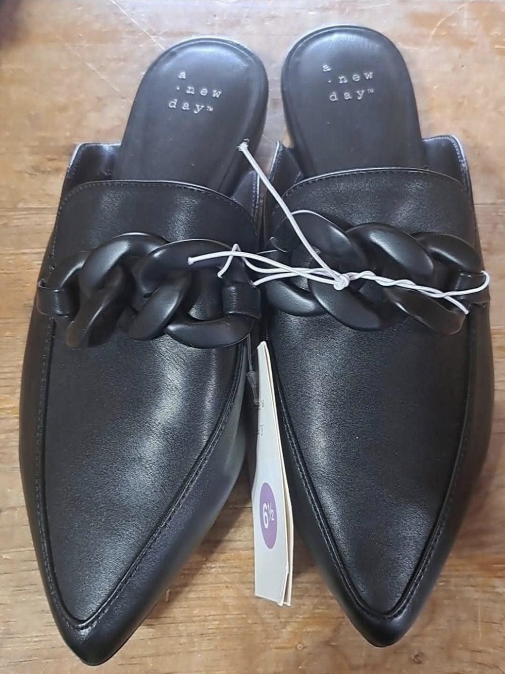a new day Black Pointed-Toe Chain-Trim Slide Loafers